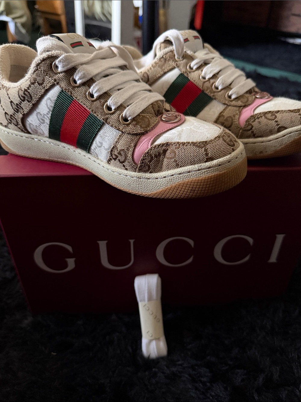 Gucci Beige Monogram Sneakers with Green/Red Web & Pink Trim